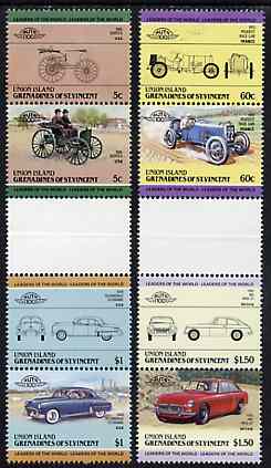 St Vincent - Union Island 1985 Cars #2 (Leaders of the World) set of 8 in se-tenant gutter pairs (folded through gutters or perfs) from uncut archive proof sheet unmounted mint, stamps on cars, stamps on  mg , stamps on  mgb , stamps on oldsmobile     peugeot    duryea