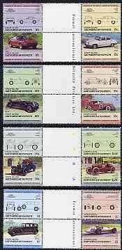 St Vincent - Union Island 1985 Cars #3 (Leaders of the World) set of 16 in se-tenant gutter pairs (folded through gutters or perfs) from uncut archive proof sheets unmoun..., stamps on cars    duesenberg    fiat    datsun    panhard     daimler    watson     darracq    laganda