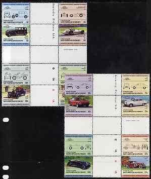 St Vincent - Union Island 1985 Cars #3 (Leaders of the World) set of 16 in se-tenant cross-gutter block (folded through gutters or perfs) from uncut archive proof sheets,..., stamps on cars    duesenberg    fiat    datsun    panhard     daimler    watson     darracq    laganda