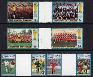 St Vincent - Grenadines 1986 World Cup Football set of 8 (SG 468-75) in se-tenant gutter pairs (folded through gutters or perfs) from uncut archive proof sheets unmounted..., stamps on football  sport