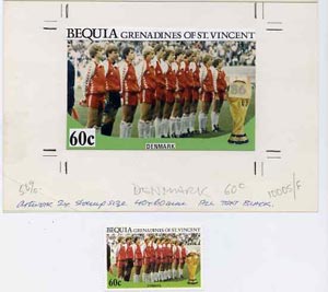 St Vincent - Bequia 1986 World Cup Football original artwork for 60c value (Denmark Team) comprising coloured photograph and overlay with text with several printer's notations, 125 x 75 mm (plus issued stamp), stamps on , stamps on  stamps on football  sport