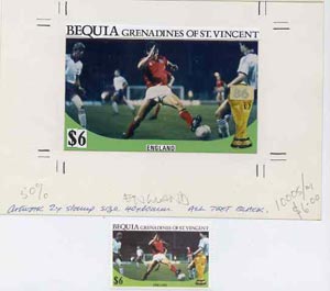 St Vincent - Bequia 1986 World Cup Football original artwork for $6 value (England Team) comprising coloured photograph and overlay with text with several printer's notations, 125 x 75 mm (plus issued stamp), stamps on , stamps on  stamps on football  sport