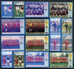 St Vincent - Grenadines 1986 World Cup Football complete set of 8 die proofs in red and blue only (missing Country name & value) on Cromalin plastic card (ex archives) as..., stamps on football  sport