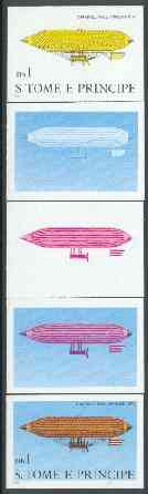 St Thomas & Prince Islands 1980 Airships 1Db (Paul Hanlein) set of 5 imperf progressive proofs comprising blue and magenta single colours, blue & magenta and black & yellow composites plus all four colours unmounted mint, stamps on , stamps on  stamps on aviation, stamps on  stamps on airships