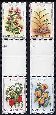 St Vincent 1985 Herbs & Spices set of 4 in se-tenant gutter pairs (folded through gutters) unmounted mint from uncut archive proof sheets, SG 868-71, stamps on flowers  food     herbs & spices
