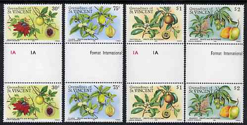 St Vincent - Grenadines 1985 Fruits & Blossoms set of 4 in unfolded gutter pairs from uncut archive proof sheet (SG 398-401) unmounted mint, stamps on flowers  fruit