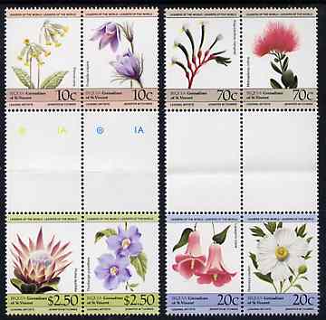 St Vincent - Bequia 1985 Flowers (Leaders of the World) set of 8 in se-tenant gutter pairs (folded through gutters) from uncut archive proof sheets unmounted mint, stamps on flowers