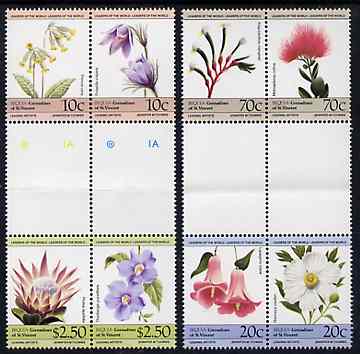 St Vincent - Bequia 1985 Flowers (Leaders of the World) set of 8 in se-tenant gutter pairs (folded through gutters) from uncut archive proof sheets unmounted mint, stamps on flowers