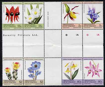 St Vincent - Grenadines 1985 Flowers (Leaders of the World) set of 8 in se-tenant cross-gutter block (folded through gutters) from uncut archive proof sheet (SG 370-77) some split perfs & wrinkles but a rare archive item unmounted mint, stamps on flowers     orchids