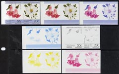 St Vincent - Bequia 1985 Flowers (Leaders of the World) 20c (Lapageria rosea & Romneya coulteri) set of 7 imperf se-tenant progressive proof pairs comprising the 4 indivi..., stamps on flowers