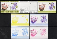 St Vincent - Bequia 1985 Flowers (Leaders of the World) $2.50 (Protea laurifolia & Thunbergia grandiflora) set of 7 imperf se-tenant progressive proof pairs comprising the 4 individual colours, plus 2, 3 and all 4-colour composites unmounted mint, stamps on , stamps on  stamps on flowers