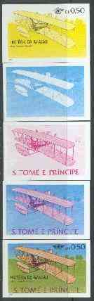 St Thomas & Prince Islands 1979 Aviation History 0.5Db (Wright Flyer 1) set of 5 imperf progressive proofs comprising blue and magenta single colours, blue & magenta and black & yellow composites plus all four colours unmounted mint, stamps on aviation