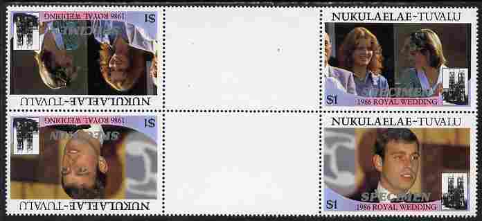 Tuvalu - Nukulaelae 1986 Royal Wedding (Andrew & Fergie) $1 perf tete-beche inter-paneau gutter block of 4 (2 se-tenant pairs) overprinted SPECIMEN in silver (Italic caps 26.5 x 3 mm) unmounted mint from Printer's uncut proof sheet, stamps on , stamps on  stamps on royalty, stamps on  stamps on andrew, stamps on  stamps on fergie, stamps on  stamps on 