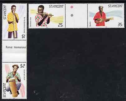 St Vincent 1985 Musical Instruments set of 4 in se-tenant gutter pairs (folded through gutters) from uncut archive proof sheet unmounted mint (SG 905-8), stamps on music, stamps on musical instruments