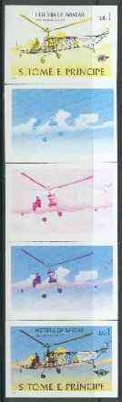 St Thomas & Prince Islands 1979 Aviation History 1Db (Sikorsky VS300) set of 5 imperf progressive proofs comprising blue and magenta single colours, blue & magenta and black & yellow composites plus all four colours unmounted mint, stamps on aviation, stamps on helicopters