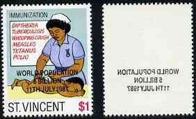 St Vincent 1987 Child Health $1 value opt'd World Population Control, with superb off-set of opt on reverse unmounted mint SG 1056var*, stamps on , stamps on  stamps on children, stamps on environment, stamps on medical, stamps on census, stamps on population, stamps on nurses