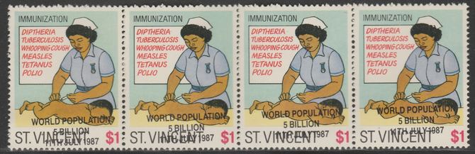 St Vincent 1987 Child Health $1 value opt'd World Population Control horiz strip of 4 with opt applied obliquely unmounted mint, SG 1056var, stamps on , stamps on  stamps on children, stamps on environment, stamps on medical, stamps on census, stamps on population, stamps on nurses, stamps on clocks