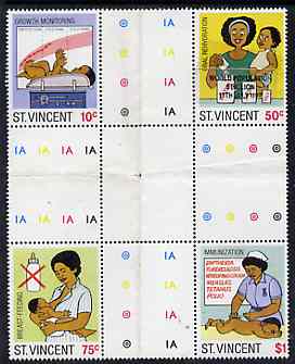 St Vincent 1987 Child Health perf set of 4 in se-tenant cross-gutter block (folded through gutters) one stamp with World Population Control as an overlay, from uncut archive proof sheet and almost certainly UNIQUE, SG 1053-56, some split perfs & wrinkles but a rare archive item, stamps on , stamps on  stamps on children, stamps on environment, stamps on medical, stamps on census, stamps on population, stamps on nurses