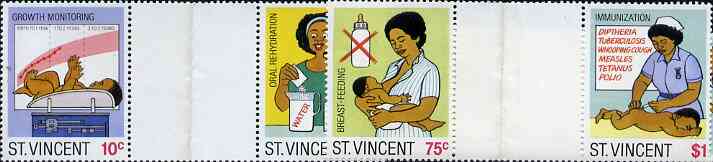 St Vincent 1987 Child Health perf set of 4 in se-tenant gutter pairs (folded through gutters) from uncut archive proof sheet unmounted mint, stamps on children   environment   medical        nurses