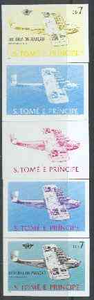 St Thomas & Prince Islands 1979 Aviation History 7Db (Dornier DO X) set of 5 imperf progressive proofs comprising blue and magenta single colours, blue & magenta and black & yellow composites plus all four colours unmounted mint, stamps on , stamps on  stamps on aviation    seaplane