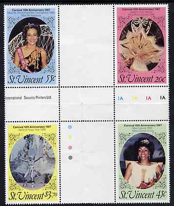 St Vincent 1987 10th Anniversary of Carnival set of 4 in se-tenant cross-gutter block (folded through gutters) from uncut archive proof sheet, SG 1066-69, some split perf..., stamps on entertainments    fashion    tourism
