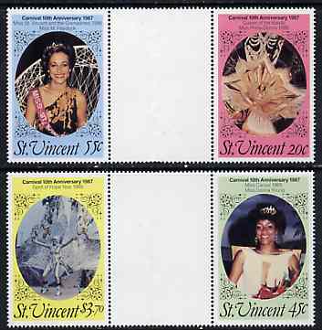 St Vincent 1987 10th Anniversary of Carnival set of 4 in se-tenant gutter pairs (folded through gutters) from uncut archive proof sheet unmounted mint, SG 1066-69, stamps on entertainments    fashion    tourism