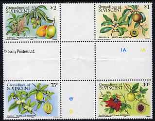 St Vincent - Grenadines 1985 Fruits & Blossoms set of 4 in se-tenant cross-gutter block (folded through gutters) from uncut archive proof sheet (SG 398-401) some split perfs & wrinkles but a rare archive item unmounted mint, stamps on , stamps on  stamps on flowers  fruit