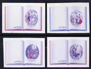 St Vincent 1987 Christmas (Charles Dickens) set of 8 (4 se-tenant pairs) die proofs in red and blue only (missing Country name & value) on Cromalin plastic card (ex archives) as SG 1116-23, stamps on , stamps on  stamps on literature, stamps on personalities, stamps on christmas, stamps on  stamps on dickens
