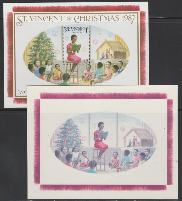 St Vincent 1987 Christmas (Charles Dickens) m/sheet (Teacher reading to Class) die proof in red and blue only (missing Country name & value) on Cromalin plastic card (ex ..., stamps on literature, stamps on personalities, stamps on christmas, stamps on education, stamps on dickens
