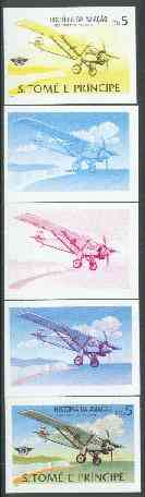 St Thomas & Prince Islands 1979 Aviation History 5Db (Spirit of St Louis) set of 5 imperf progressive proofs comprising blue and magenta single colours, blue & magenta and black & yellow composites plus all four colours unmounted mint, stamps on aviation, stamps on lindburgh, stamps on 