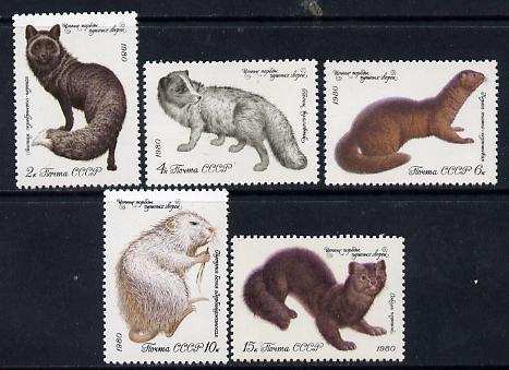 Russia 1980 Fur Bearing Animals set of 5 unmounted mint, SG 5008-12, Mi 4968-72*, stamps on , stamps on  stamps on animals, stamps on  stamps on mink, stamps on  stamps on sable, stamps on  stamps on dogs, stamps on  stamps on  fox , stamps on  stamps on foxes, stamps on  stamps on  