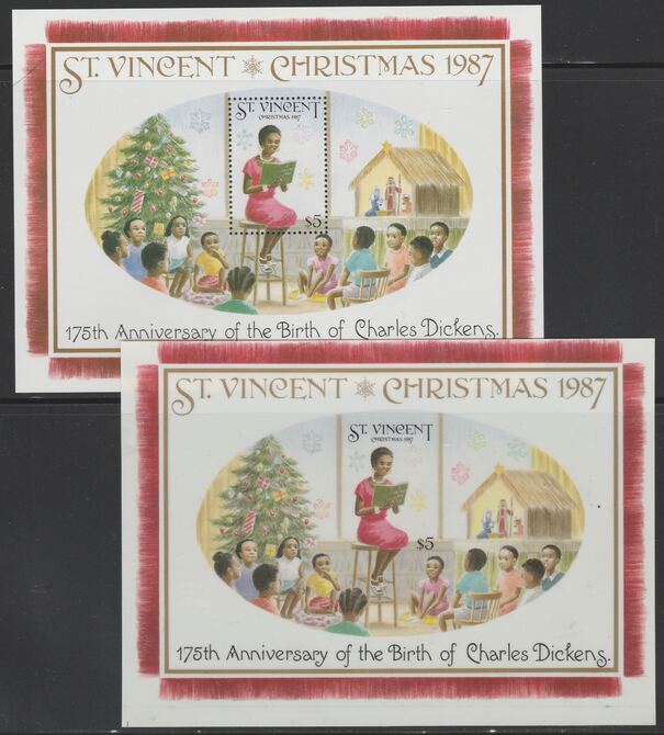 St Vincent 1987 Christmas (Charles Dickens) m/sheet (Teacher reading to Class) full colour die proof on Cromalin plastic card (ex archives) plus issued m/sheet  SG MS 1124, stamps on , stamps on  stamps on literature, stamps on personalities, stamps on christmas, stamps on  stamps on education, stamps on  stamps on dickens