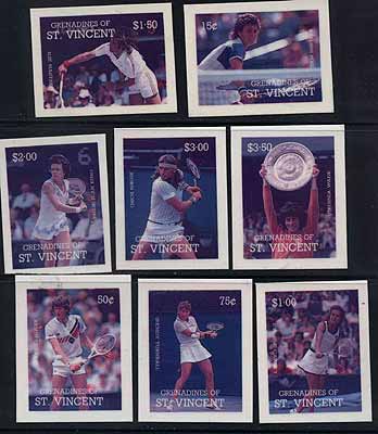 St Vincent - Grenadines 1988 International Tennis Players set of 8 die proofs in red and blue only on Cromalin plastic card (ex archives) unmounted mint as SG 582-89, stamps on sport  tennis