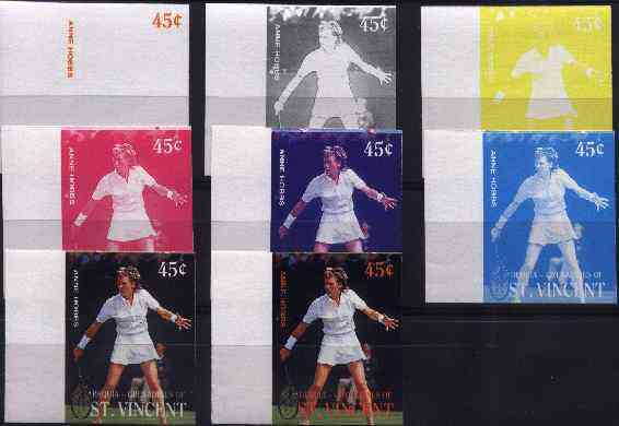 St Vincent - Grenadines 1988 International Tennis Players m/sheet (Stefan Edberg & Steffi Graf) die proof in red and blue only on Cromalin plastic card (ex archives) unmounted mint as SG MS 590, stamps on , stamps on  stamps on sport  tennis