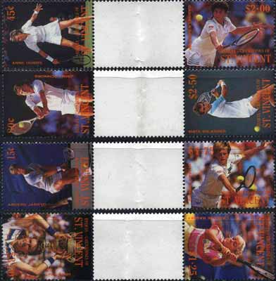 St Vincent - Bequia 1988 International Tennis Players set of 8 in se-tenant gutter pairs (folded through gutters) from uncut archive proof sheets unmounted mint, stamps on , stamps on  stamps on sport  tennis