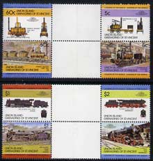 St Vincent - Union Island 1984 Locomotives #1 (Leaders of the World) set of 8 in se-tenant gutter pairs (folded through gutters) from uncut archive proof sheets unmounted..., stamps on railways