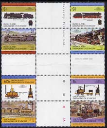 St Vincent - Union Island 1984 Locomotives #1 (Leaders of the World) set of 8 in se-tenant cross-gutter block (folded through gutters) from uncut archive proof sheet, som..., stamps on railways