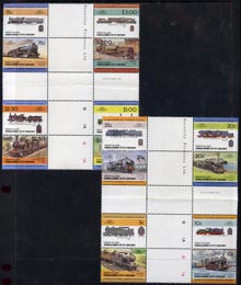 St Vincent - Union Island 1984 Locomotives #2 (Leaders of the World) set of 16 in se-tenant cross-gutter block (folded through gutters) from uncut archive proof sheet, so..., stamps on railways