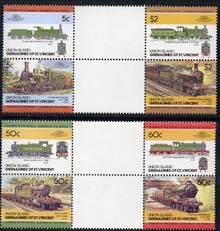 St Vincent - Union Island 1985 Locomotives #3 (Leaders of the World) set of 8 in se-tenant gutter pairs (folded through gutters) from uncut archive proof sheets unmounted mint, stamps on railways