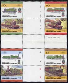 St Vincent - Union Island 1985 Locomotives #3 (Leaders of the World) set of 8 in se-tenant cross-gutter block (folded through gutters) from uncut archive proof sheet, some split perfs & wrinkles but a rare archive item unmounted mint, stamps on railways