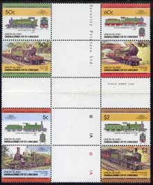 St Vincent - Union Island 1985 Locomotives #3 (Leaders of the World) set of 8 in se-tenant cross-gutter block (folded through gutters) from uncut archive proof sheet, some split perfs & wrinkles but a rare archive item unmounted mint, stamps on , stamps on  stamps on railways