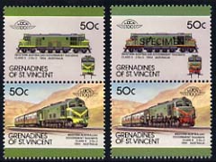 St Vincent - Grenadines 1987 Locomotives #8 (Leaders of the World) 50c Western Australia Class X unmounted mint se-tenant pair with red omitted plus Se-tenant pair opt'd SPECIMEN as normal, SG 524avar*, stamps on , stamps on  stamps on railways