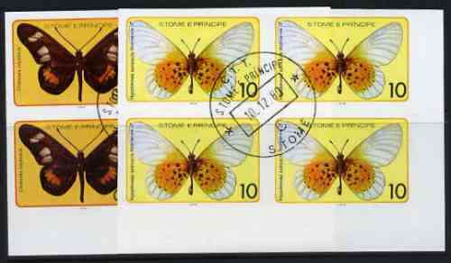 St Thomas & Prince Islands 1979 Butterflies 50c & 10Db each in imperf blocks of 4 with central 'CTT 10.12.80 St Tome cancel, probably publicity proofs, stamps on , stamps on  stamps on butterflies