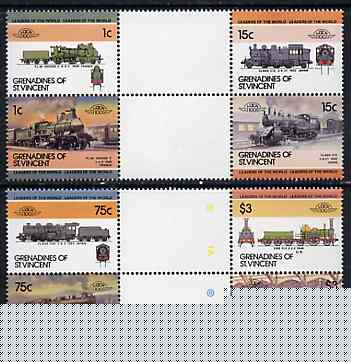 St Vincent - Grenadines 1985 Locomotives #3 (Leaders of the World) set of 8 in se-tenant gutter pairs (folded through gutters) from uncut archive proof sheets (SG 351-8) unmounted mint, stamps on railways