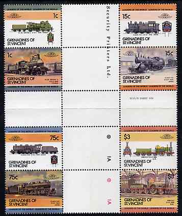 St Vincent - Grenadines 1985 Locomotives #3 (Leaders of the World) set of 8 in se-tenant cross-gutter block (folded through gutters) from uncut archive proof sheet (SG 351-8) some split perfs & wrinkles but a rare archive item unmounted mint, stamps on , stamps on  stamps on railways