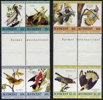 St Vincent 1985 John Audubon Birds (Leaders of the World) set of 8 in se-tenant gutter pairs (folded through gutters) from uncut archive proof sheets unmounted mint (SG 8..., stamps on audubon     birds    pelican    heron    woodpecker    flicker    bunting    crossbill    hawk    birds of prey   caracara