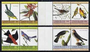 St Vincent - Union Island 1985 John Audubon Birds (Leaders of the World) set of 8 in se-tenant gutter pairs (folded through gutters) from uncut archive proof sheets unmounted mint, stamps on audubon     birds      warbler    wren    sparrow     grosbeak    bunting    hawk    merlin    birds of prey