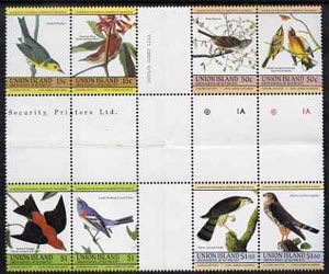 St Vincent - Union Island 1985 John Audubon Birds (Leaders of the World) set of 8 in se-tenant cross-gutter block (folded through gutters) from uncut archive proof sheet, some split perfs & wrinkles but a rare archive item unmounted mint, stamps on , stamps on  stamps on audubon     birds      warbler    wren    sparrow     grosbeak    bunting    hawk    merlin    birds of prey