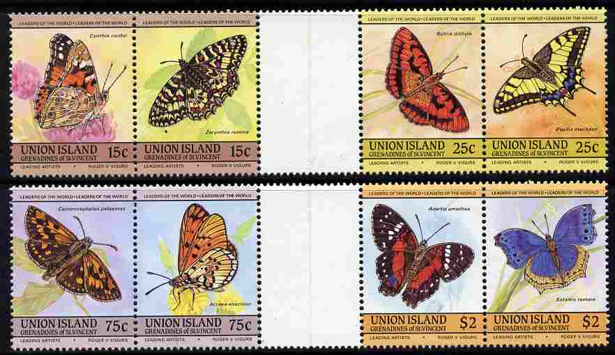 St Vincent - Union Island 1985 Butterflies (Leaders of the World) set of 8 in se-tenant gutter pairs (folded through gutters) from uncut archive proof sheets unmounted mint, stamps on butterflies