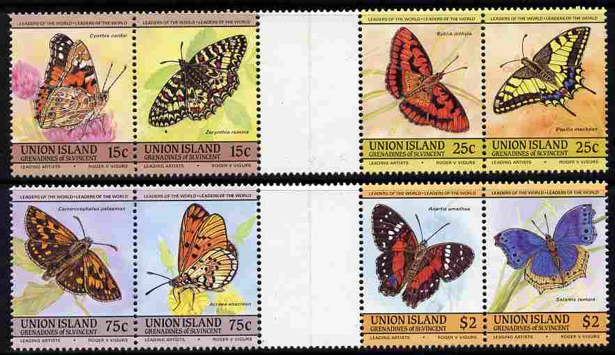 St Vincent - Union Island 1985 Butterflies (Leaders of the World) set of 8 in se-tenant gutter pairs (folded through gutters) from uncut archive proof sheets unmounted mi..., stamps on butterflies